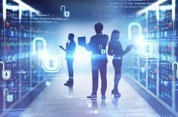 Team of computer engineers working in data center with double exposure of blurry cyber security interface. Concept of data protection. Toned image